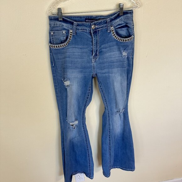 Westfield Eagle Womens Jeans Distressed Bootcut Wit Rhinestone Pockets 13 XL - Picture 11 of 13